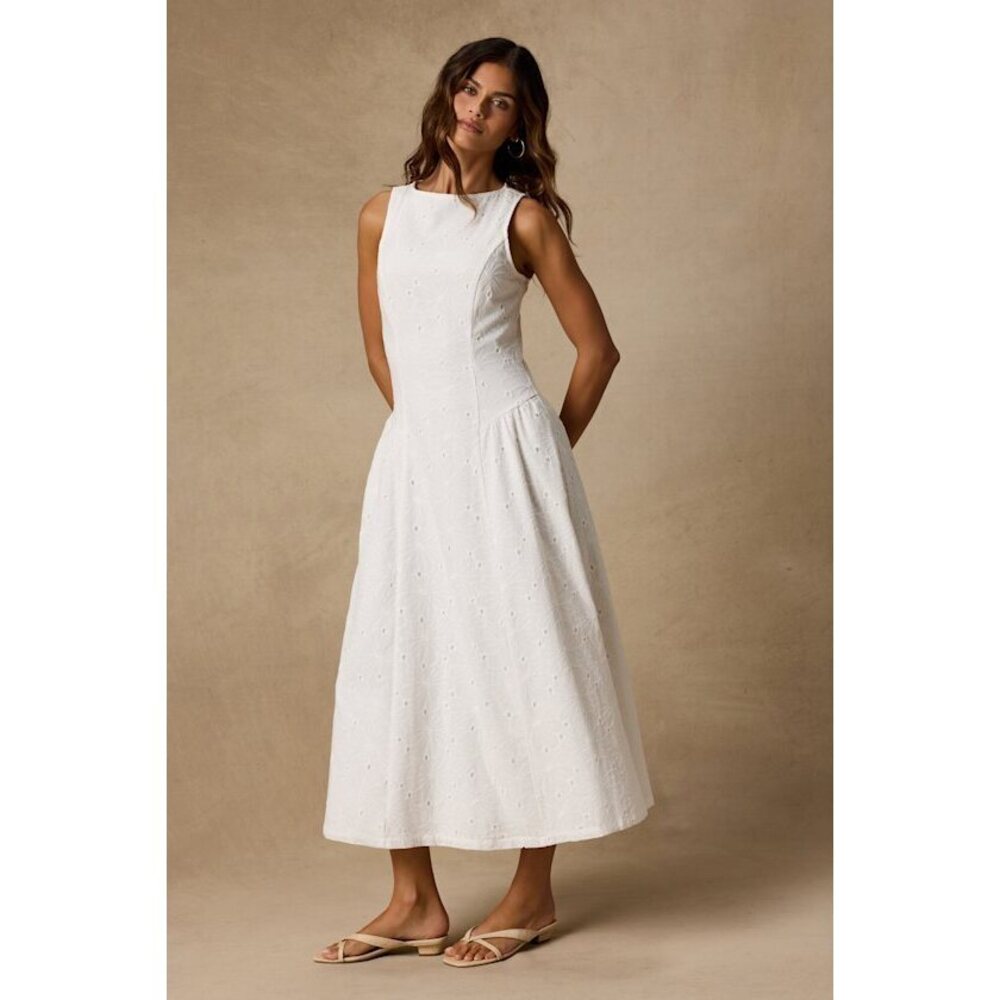 NWT Lulus Dandelion White Eyelet Embroidered Drop Waist Midi Dress - Size S